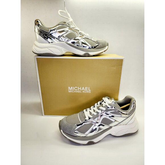 Michael Kors Leo Trainer Sneaker Size 9M Silver Gray Lace Up Athletic Shoe - Picture 1 of 16